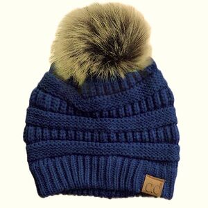CC POM POM STYLE BEANIE navy blue fleece lined